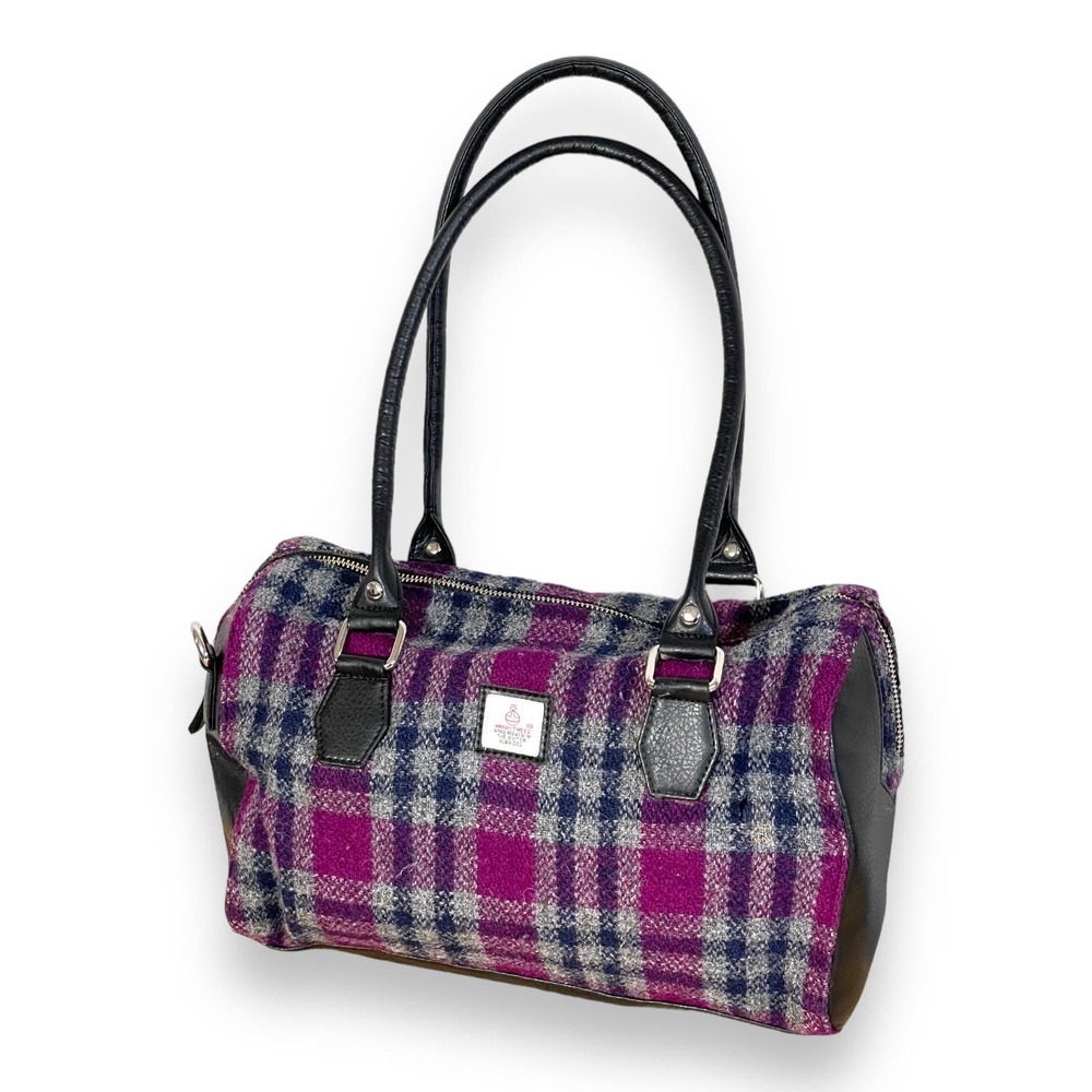 Harris Tweed Wool Plaid Bowling Bag Top Handle Handbag Purse Purple Gray Blue